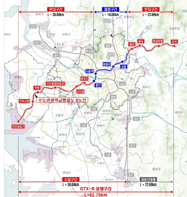 GTX-B노선도 및 구간별 시공 계획도 / 자료=국토교통부
