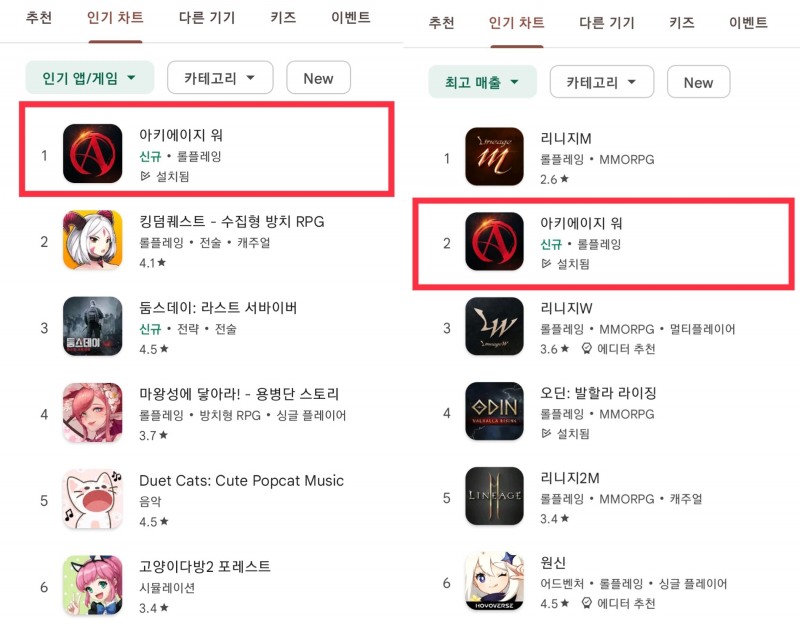 24일 기준 구글플레이 인기 및 매출 순위. 사진=구글플레이 갈무리