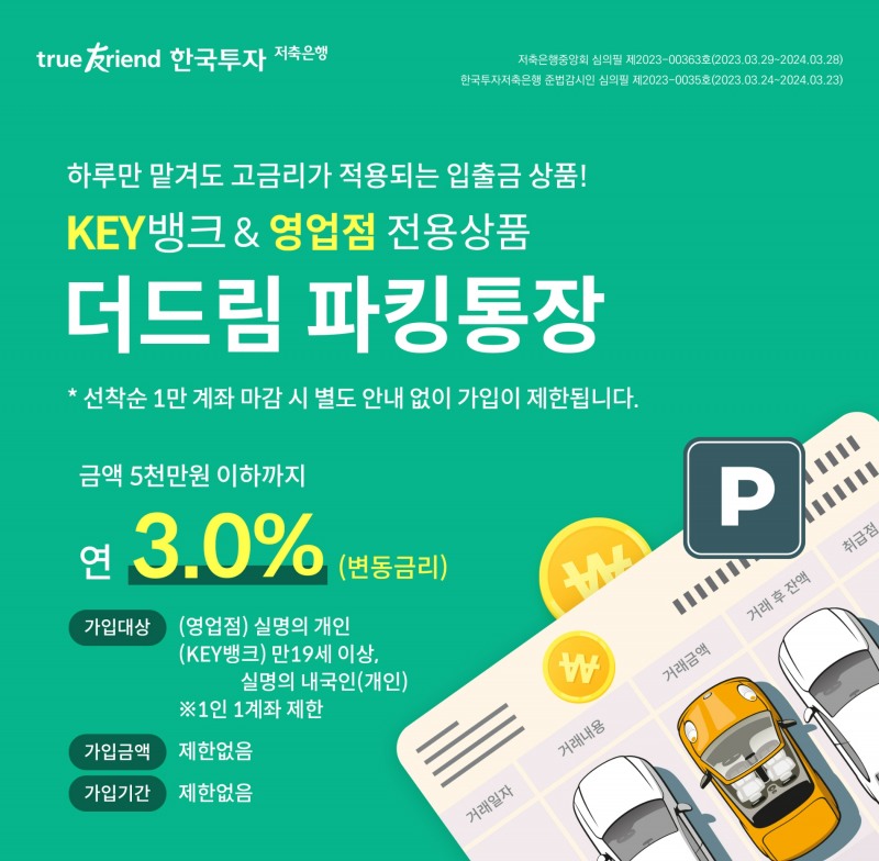 한국투자저축은행이 오는 5일 연 3% 금리의 '더드림 파킹통장'을 출시한다. /사진제공=한국투자저축은행