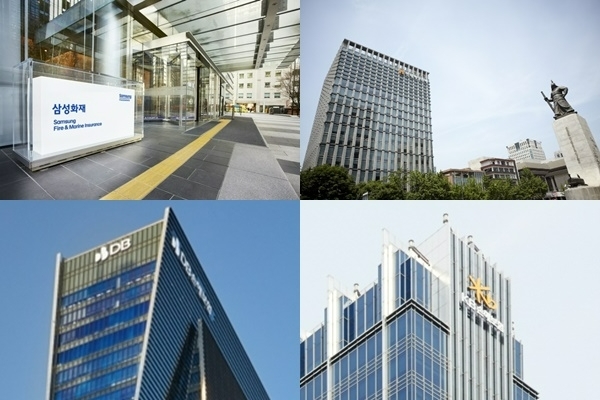 (윗쪽 왼쪽부터 시계방향으로) 삼성화재, 현대해상, KB손해보험, DB손해보험 본사./사진=각사