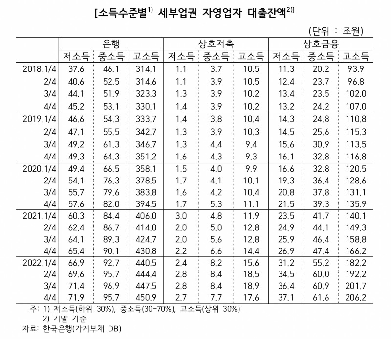 소득수준별 세부업권 자영업자 대출잔액. /자료제공=한국은행
