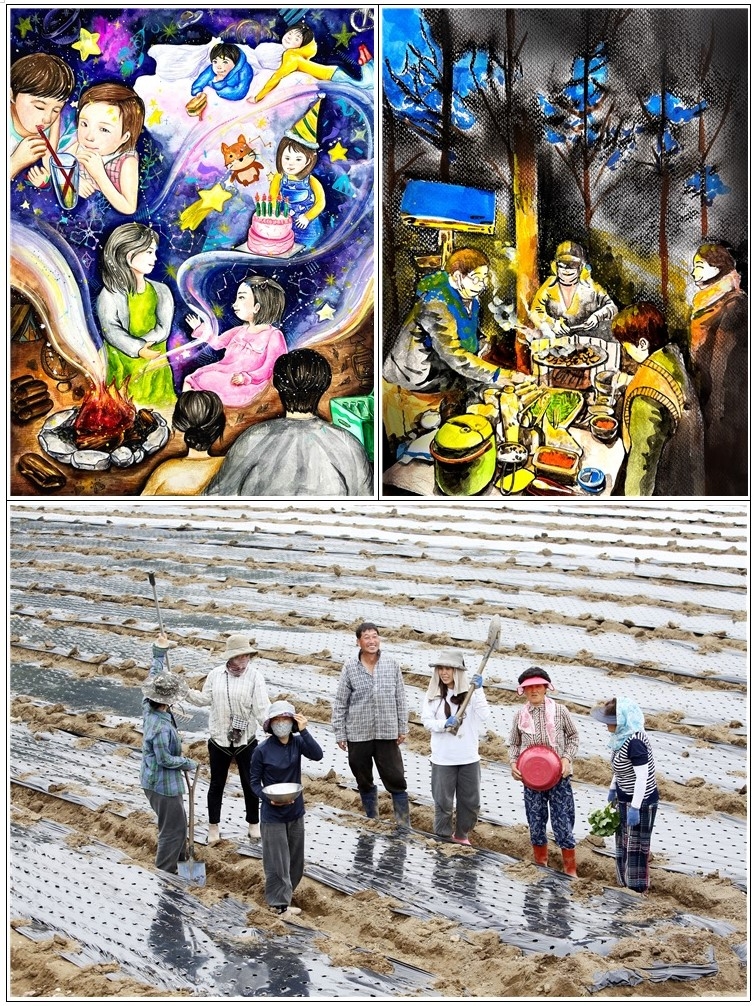 부문별 대상 수상작들. 그림 일반부 - 이루다 ‘바람타고 추억속으로’(왼쪽 위), 그림 어린이부 – 김윤식 ‘캠핑장의 불빛’(오른쪽 위), ▲사진 – 김용규 ‘작업을 마치고’(아래) / 사진제공=반도건설