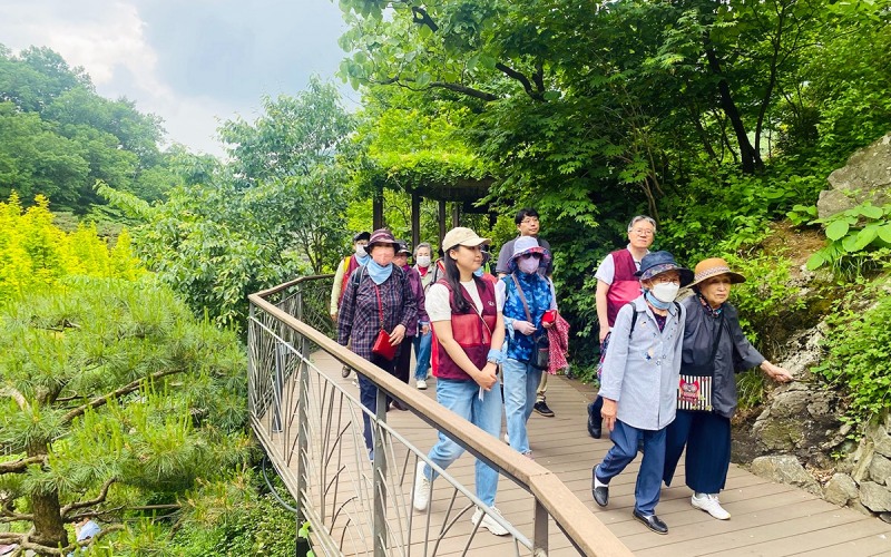 어르신들과 SRT 수서역 봉사단원들이 18일 경기도 광주소재 화담숲을 걷는 모습./사진제공=SR