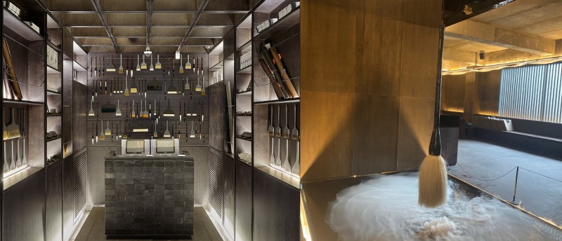 (왼쪽 사진)교촌필방 전이공간과 (오른쪽 사진)교촌필방 매장 내 무형문화재 박경수 장인이 제작한 자개 붓 모습./ 사진 = 교촌F&B, 홍지인 기자