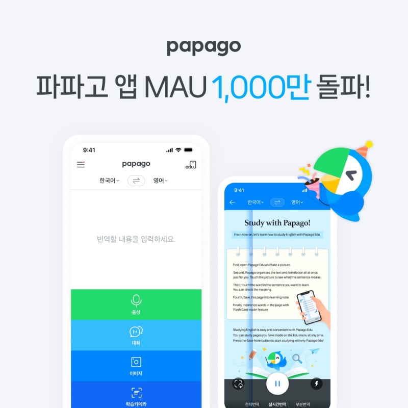 네이버클라우드의 AI 번역 서비스 파파고앱의 글로벌 월간 활성 이용자 수가 1000만을 돌파했다. / 사진제공=네이버 