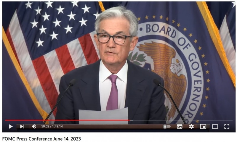 제롬 파월(Jerome Powell) 미국 연방준비제도(Fed·Federal Reserve System) 의장이 현지시각으로 2023년 6월 14일 연방 공개시장 위원회(FOMC‧Federal Open Market Committee) 뒤 기자회견에 임하고 있다./사진=미 연준 유튜브(YouTube) 채널 갈무리
