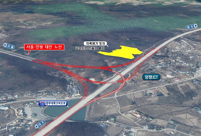 서울~양평고속도로 대안노선 종점 인근과 김건희 여사의 처가가 보유했다는 특혜 의혹 제기 토지 조감도 / 사진제공=국토교통부