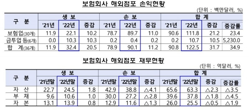금융감독원이 공개한 보험업계 해외점포 손익·재무현황./사진제공=금융감독원