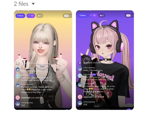 제페토 라이브 화면 예시. 3D 아바타(좌), 애니메이션 아바타(우). / 사진제공=네이버제트