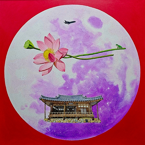 최한규, 물은 맑고 구름은 허무한-수운정(赤),Water color & Acrylic on Arches,91.0×91.0cm,2023