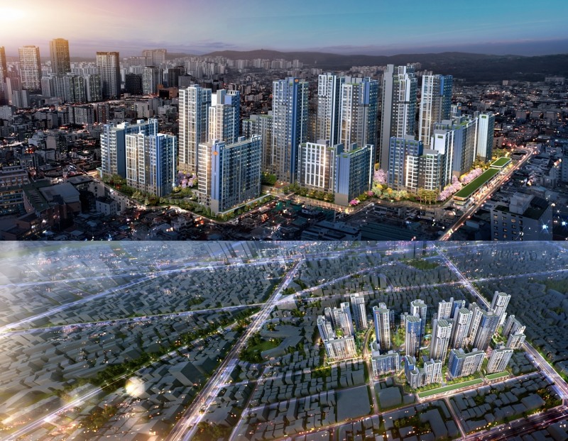 서울 면목역 모아타운 투시도(위) 및 조감도./사진제공=DL건설