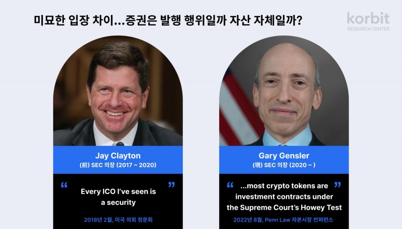 가상 자산 증권성 관련 미국 증권 거래 위원회(SEC‧Securities and Exchange Commission) 의장 간 입장 차이./자료제공=국내 최초 가상 자산 거래소 ‘코빗’(Korbit‧대표 오세진) 산하 코빗 리서치 센터(Research center‧연구소)