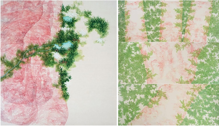 좌) 타고 끝에서, 75×70cm, 견에 채색, 아크릴, 2023우) 품어와, 45×111cm×3ea, 견에 채색, 아크릴, 2023