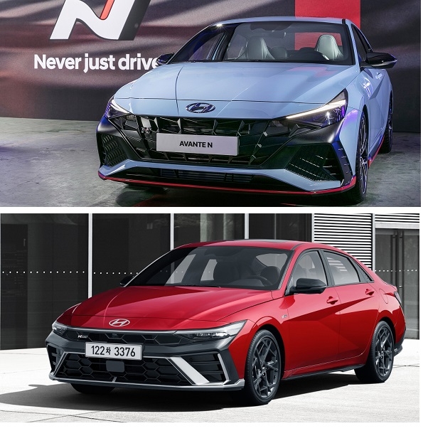아반떼N 7세대(위)와 7세대 페이스리프트.