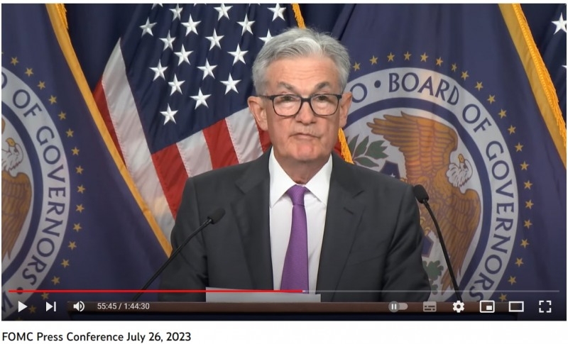 제롬 파월(Jerome Powell) 미국 연방준비제도(Fed·Federal Reserve System) 의장이 현지시각으로 2023년 7월 26일 연방 공개시장 위원회(FOMC‧Federal Open Market Committee) 뒤 기자회견에 임하고 있다./사진=미 연준 유튜브(YouTube) 채널 갈무리
