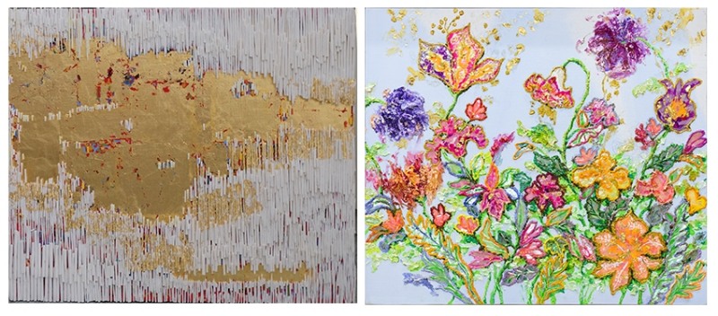 좌) 이병례, 숨겨진이야기-1, 2023, Acrylic,Korean papper, gold on canvas, 54x45.5cm. 우) 정서윤-BLOSSOM3, 2023, 자개.금.mixed media on canvas, 53x45.5cm.