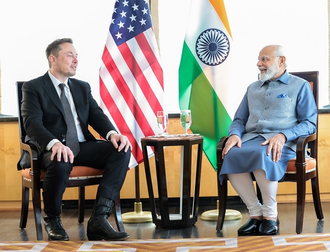 일론 머스크 테슬라 CEO와 인도 모디 총리가 2023년 6월 미국 뉴욕에서 회동했다. 출처=인도 언론정보국(Press Information Bureau).