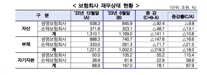 국내 보험사 재무상태 현황. 자료=금감원
