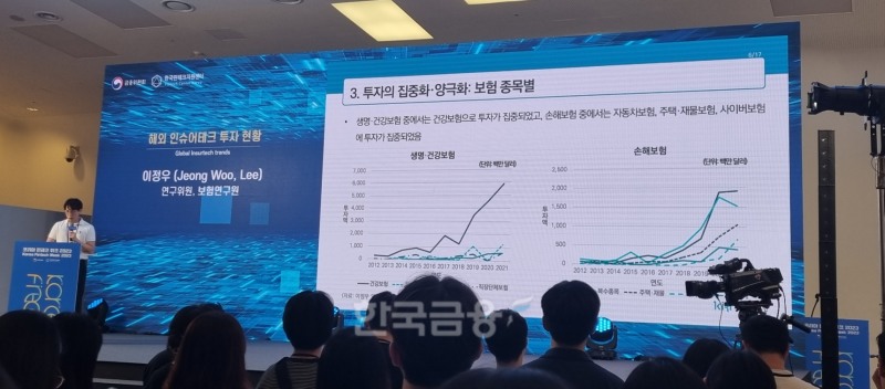 이정우 보험연구원 연구위원이 1일 서울 동대문 디지털플라자에서 열린 '해외 인슈어테크 현황과 한국 인슈어테크 전망' 세미나에서 주제발표를 진행하고 있다. 사진=정은경 기자