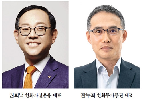 권희백 한화자산운용 대표(왼쪽)와 한두희 한화투자증권 대표./사진제공=각 사