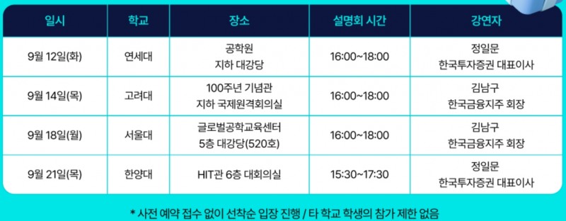 한국투자증권 2023년 대학교 채용설명회 일정 / 자료제공= 한국투자증권(2023.09.04)