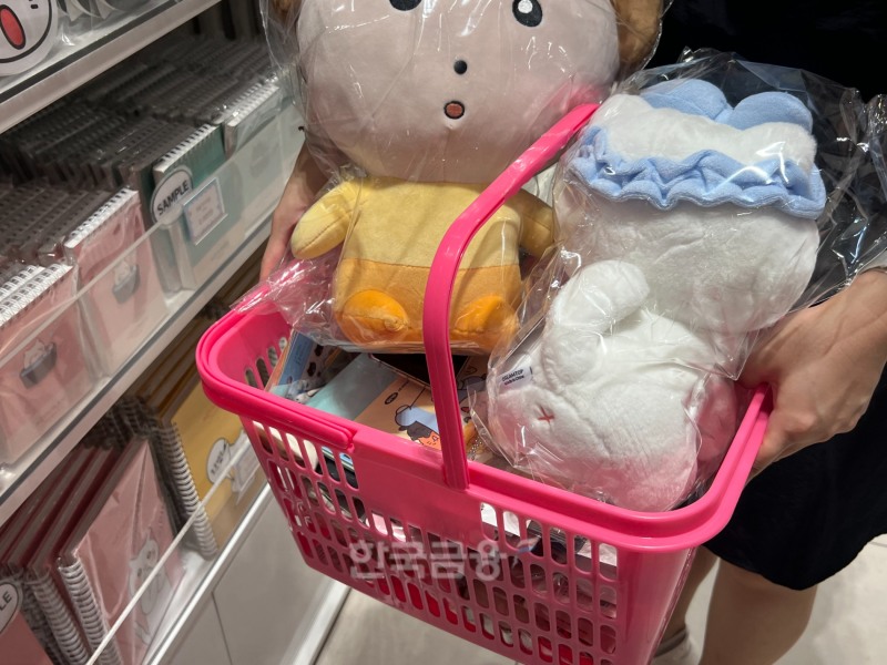 팝업스토어 매장 내부에서 만난 관람객의 장바구니는 갖가지 굿즈들로 가득차 있었다. / 사진=이주은 기자