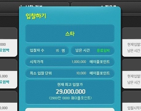 넥슨이 메이플스토리에서 진행하는 '뉴네임 옥션'에서 닉네임 '스타'가 2900만 메이플포인트에 낙찰됐다. / 사진=메이플스토리 갈무리
