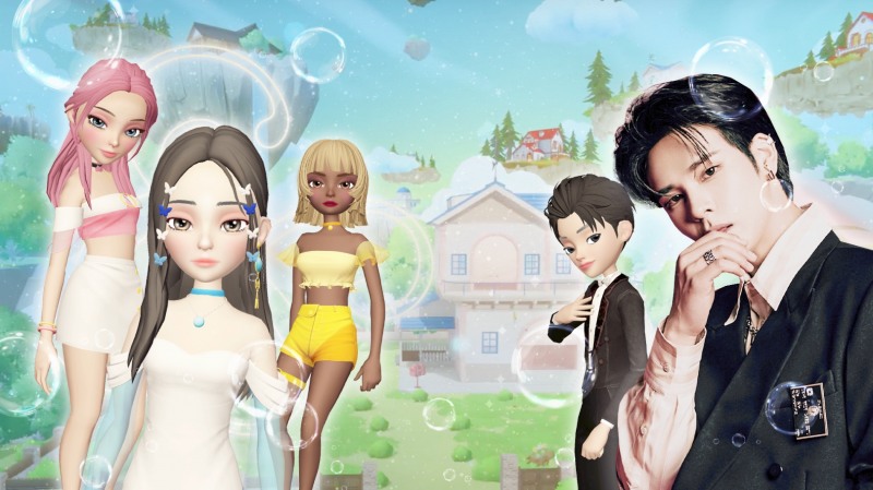 SK텔레콤이‘이프랜드'에서 활동하는 메타버스 걸그룹 ‘이프랜디스’가 4세대 K팝 보이그룹 ‘크래비티’의 리더 세림과 콜라보한 신곡 ‘if YOU’를 선보였다. 사진은 (왼쪽부터)이프랜디스 가온, 나라, 다솜, 크래비티’ 세림의 아바타와 세림./사진제공=SK텔레