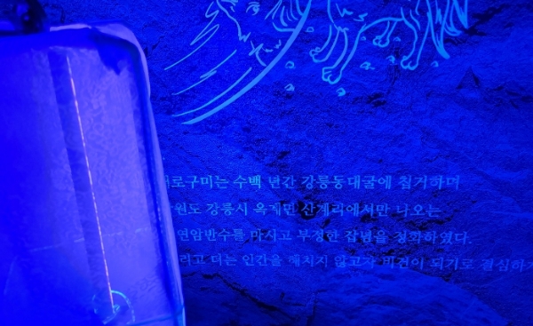 롯데칠성음료가 '처음처럼 새로' 출시 1주년을 맞아 서울 성수동 데어바타테에 팝업스토어를 열었다. 사진은 팝업 초입구인 '동굴 벽화' 모습. 등불을 벽화 가까이 대면 숫자가 나온다. /사진=손원태기자