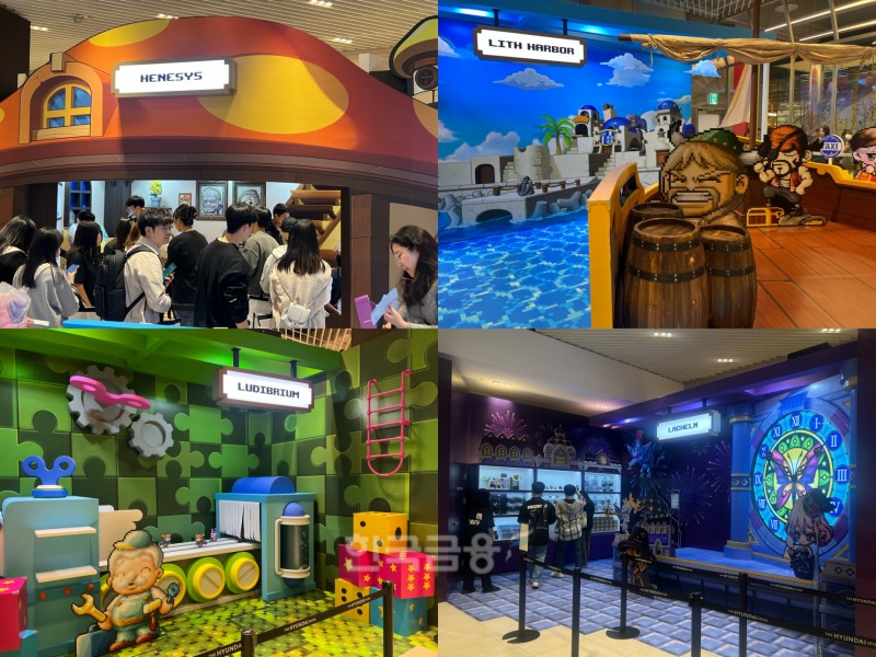 메이플스토리 팝업스토어에 마련된 게임 내 마을들. (우측 상단부터 시계방향으로) 헤네시스 속 장로의 집, 리스항구, 레헬른의 시계탑, 루디브리엄 인형 공장. / 사진=이주은 기자