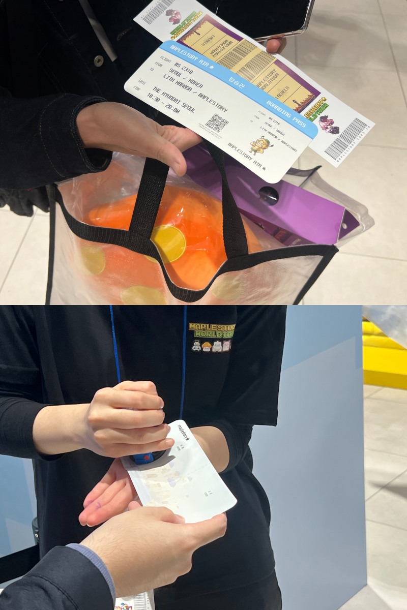 여행 콘셉트로 꾸며진 팝업스토어인 만큼 이용자들은 매장 내 마을을 입장할 때마다 티켓 뒤에 도장을 받는다. / 사진=이주은 기자