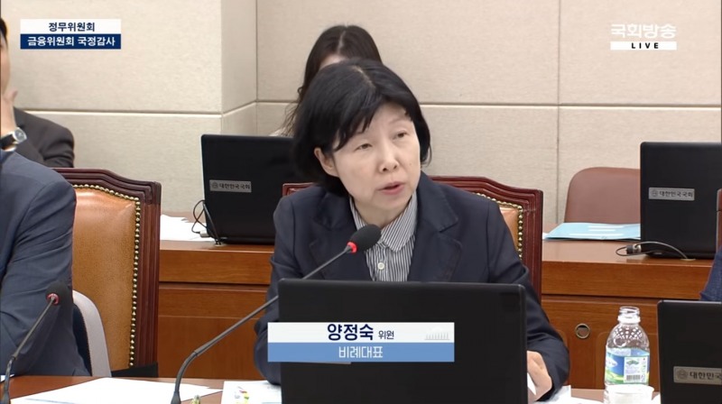 양정숙 의원이 11일 서울 여의도 국회에서 열린 정무위원회 국정감사에서 발언하고 있다./ 사진 = 국회방송 유튜브 갈무리