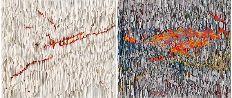 좌) 숨긴 이야기_다양한 길, 53×45㎝, 캔버스에 아크릴+한지, 2023우) 숨긴이야기_리즈21, 53×45㎝,캔버스에 아크릴+오일파스텔+신문지+한지, 2023