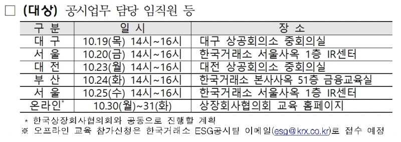 한국거래소(KRX‧이사장 손병두)가 최근 기업지배구조 보고서 가이드라인(Guideline‧안내 지침서)을 개정하고 지배구조 점검체계를 개편함에 따라 진행하는 ‘기업지배구조 보고서 가이드라인 개정 설명회’ 일정./자료제공=KRX
