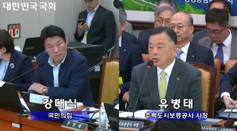 유병태 주택도시보증공사 사장이 19일 오후 서울 여의도 국회에서 열린 국토교통위원회 국정감사에서  강대식 의원의 질문에 답변하는 모습./사진=인터넷의사중계시스템 캡처