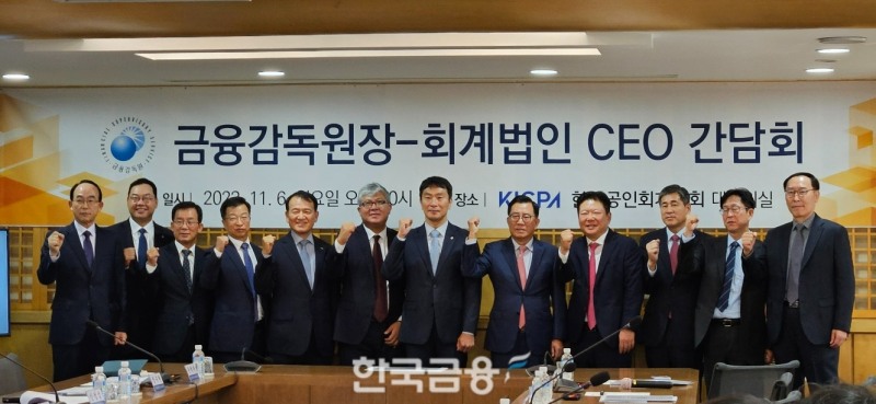 이복현 금융감독원장이 6일 서울 한국공인회계사회 회관에서 국내 9개 회계법인 CEO와 간담회를 개최했다. (왼쪽부터) 조승호 대주회계법인 대표, 박용근 한영회계법인 대표, 김병익 우리회계법인 대표, 신성섭 한울회계법인 대표, 김교태 삼정회계법인 대표, 이한상 회계기준원 원장, 이복현 금융감독원장, 김영식 한국공인회계사회 회장, 윤훈수 삼일회계법인 대표, 장석일 금융감독원 전문심의위원, 김명칠 이촌회계법인 대표, 손호근 삼덕회계법인 품질관리실장. /사진=신혜주 기자