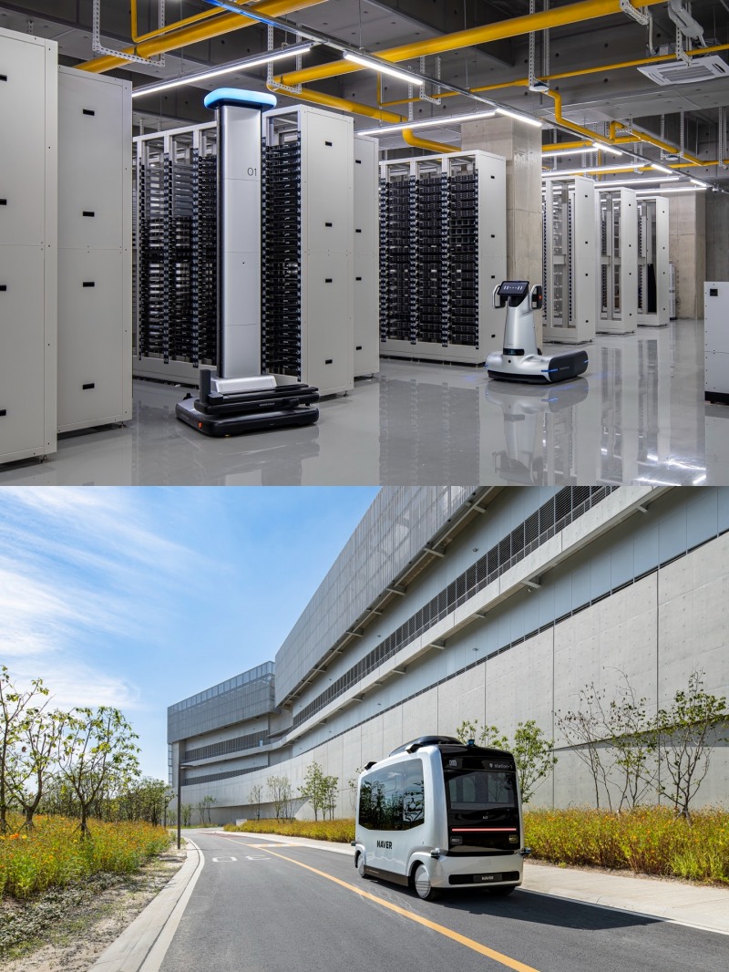 (위쪽부터) 각 세종 내 IT 로봇 창고에서 협업하고 있는 로봇 '가로'와 '세로', 각 세종 내부를 돌아다니며 사람의 이동을 돕는 자율주행 차량 '알트비'. / 사진제공=네이버