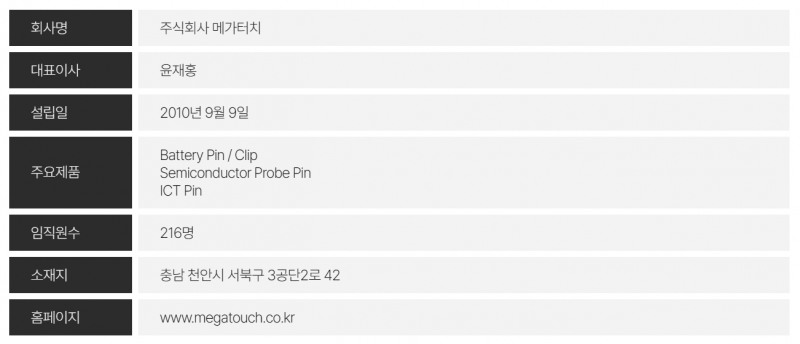 2차 전지와 반도체 검사용 부품 장비 전문 기업 ‘메가터치’(대표 윤재홍) 회사 개요./사진=메가터치 누리집 갈무리