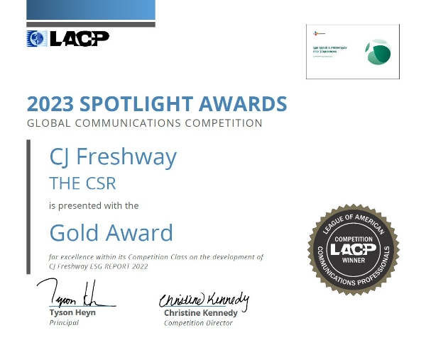 CJ프레시웨이(대표 정성필)의 ‘2022 ESG 보고서’가 미국 커뮤니케이션 연맹(이하 LACP, League of American Communications Professionals)이 주관하는 ‘2023 스포트라이트 어워드(Spotlight Awards)’에서 금상을 수상했다. /사진=CJ프레시웨이