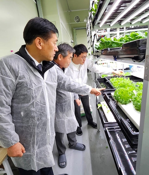 ▲(왼쪽부터) 황종연 본부장이 김영우 오창농협 조합장, 정대홍 팜토리 대표와 함께 스마트팜 채소재배 현장을 살펴보고 있다.