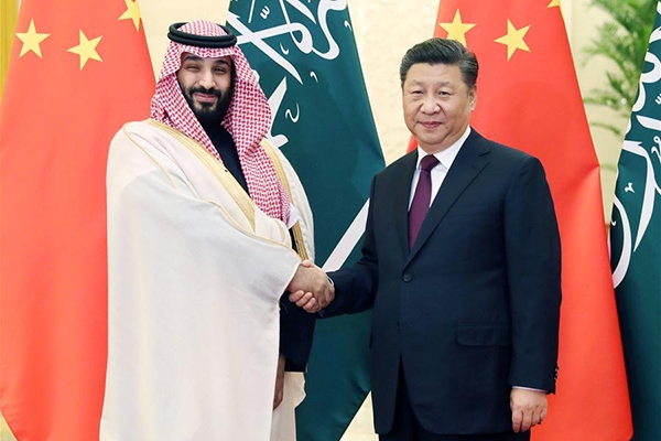 시진핑 국가주석(오른쪽)이 2019년 2월 22일 중국 수도 베이징 인민대회당에서 모하메드 빈 살만 알사우드 사우디아라비아 왕세자를 회담하고 있다.[사진/중국정부 홈페이지]