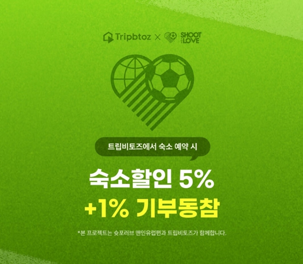 트립비토즈(대표 정지하)는 축구 전문 유튜브 채널 ‘슛포러브’와 고객이 할인된 가격에 숙소를 예약하면 기부에 참여할 수 있는 프로젝트를 17일부터 전개한다. /사진=트립비토즈