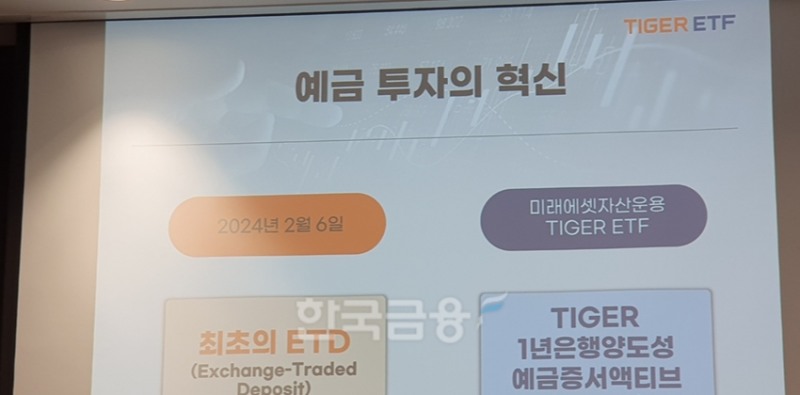 1일 미래에셋 센터원에서 열린 'TIGER 1년은행양도성예금증서액티브(합성) ETF(2월 6일 상장)’ 기자간담회모습. '최초의 상장된 예금(Exchange-Traded Deposit)'으로 소개하고 있다. / 사진= 한국금융신문(2024.02.01)