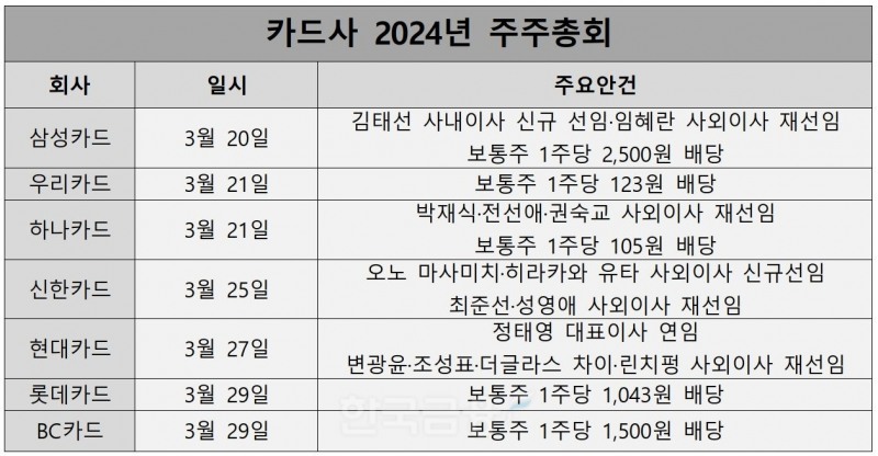카드사 2024 주주총회 정보./ 표 = 홍지인 기자