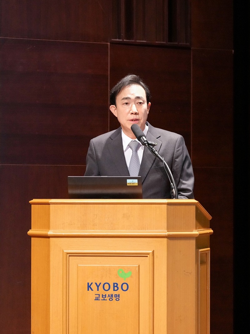 조대규 교보생명 대표이사가 25일 서울 광화문 본사에서 열린 취임식에서 취임사를 밝히고 있다.(2024.03.25.)./사진제공=교보생명
