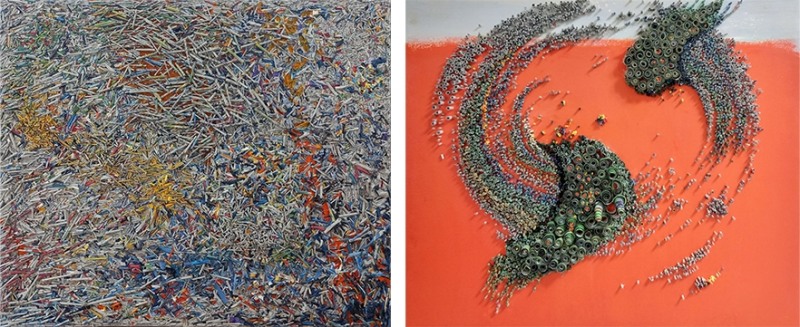 좌) 숨긴 이야기. 혼합재료. 72.7×60.6㎝. 2024. / 우) SPACE. 혼합재료. 53×45㎝. 2024.