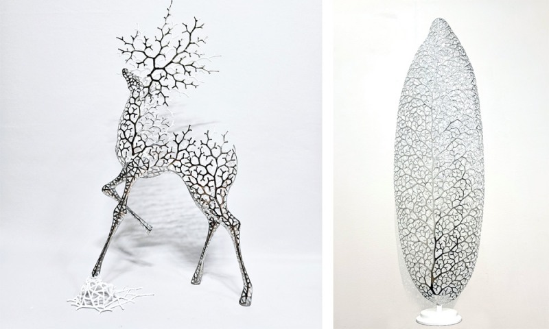 좌) 2023, 스테인리스 스틸, 우레탄 도색, 70(h)x39x13cm/ 우) 2022, 스테인리스 스틸, 우레탄 도색, 120(h)x35x18cm