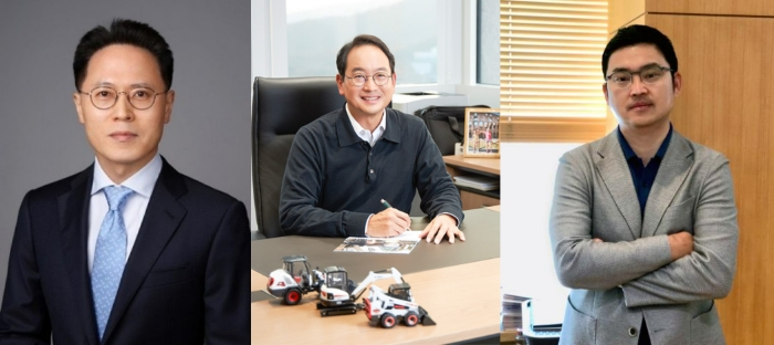 (왼쪽부터) 박상현 두산에너빌리티 대표와 스캇 박 두산밥캣 대표, 류정훈 두산로보틱스 대표. /사진제공=각 사