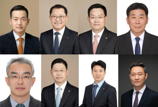 왼쪽 상단부터 시계 방향으로 한화임팩트 투자부문 대표를 맡게 된 김동관 부회장, 김희철 한화오션 대표 내정자, 손재일 한화시스템 대표 내정자, 이재규 한화에너지 대표 내정자, 김종호 한화자산운용 대표 내정자, 류양식 한화모멘텀 대표 내정자, 이구영 한화파워시스템 대표 내정자, 문경원 한화임팩트 사업부문 대표 내정자. / 사진=한화그룹