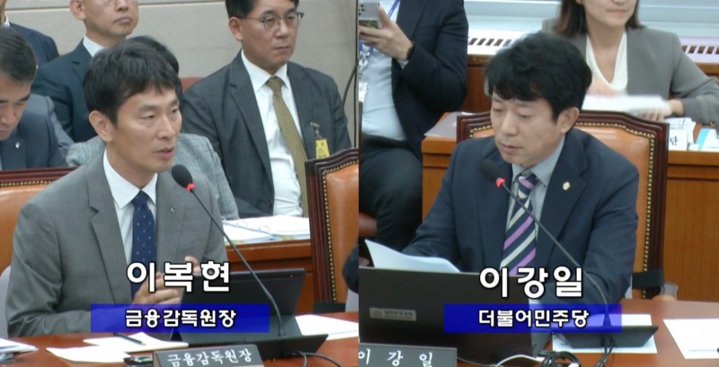 이복현 금융감독원장(왼쪽)이 17일 열린 정무위원회의 금감원 국정감사에서 이강일 더불어민주당 의원의 질의에 대해 답하고 있다./사진=국회 인터넷의사중계시스템 갈무리
